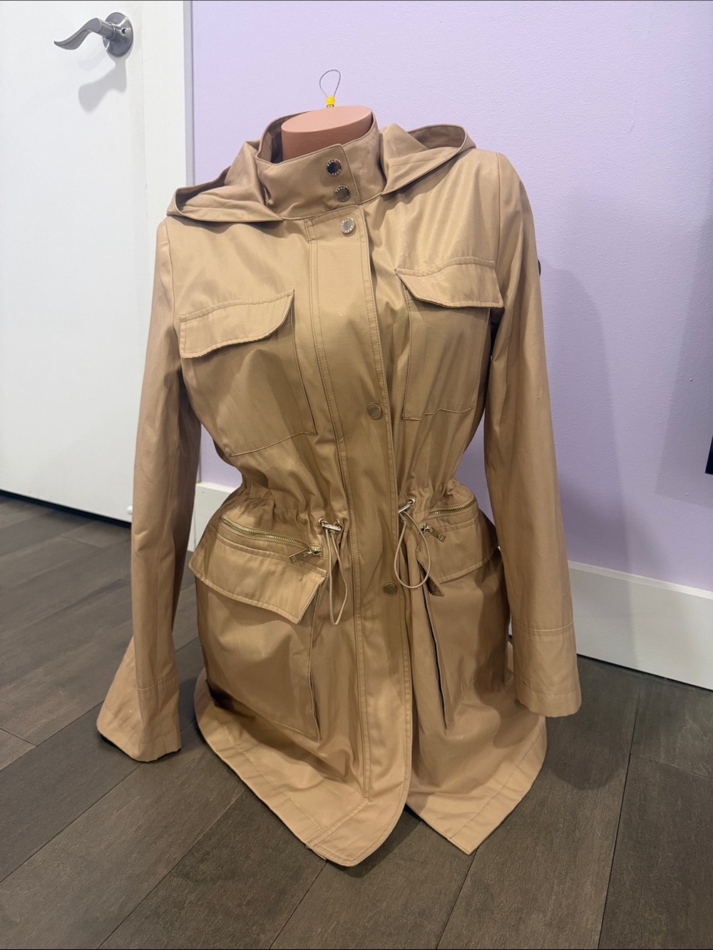 DKNY Tan Hooded Drawstring Utility Jacket